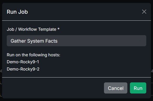The Ascender template launcher on the Hosts page with job status