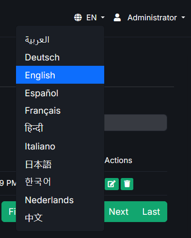 The language selector in the top navigation