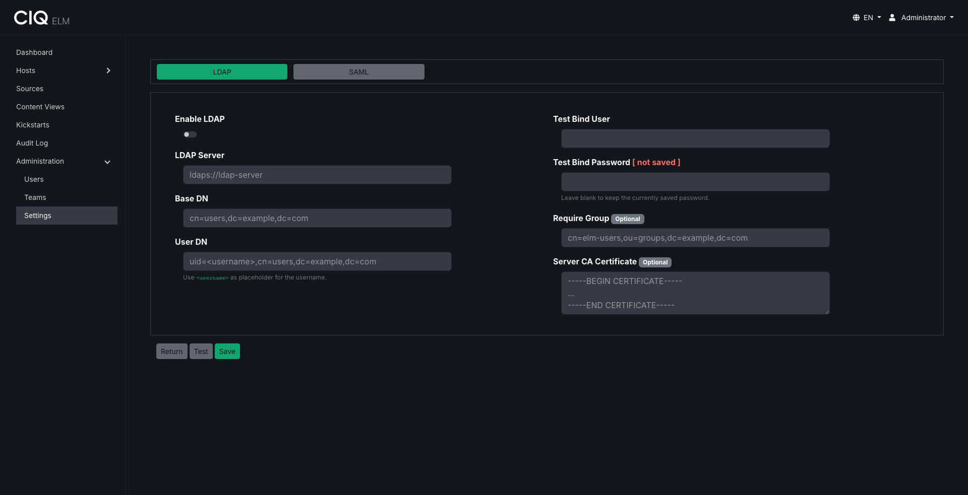 The Authentication settings page with LDAP and SAML configuration