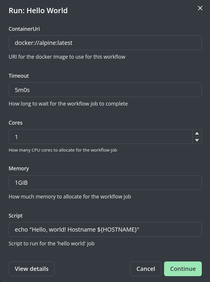 Hello, world template continue with workflow submission