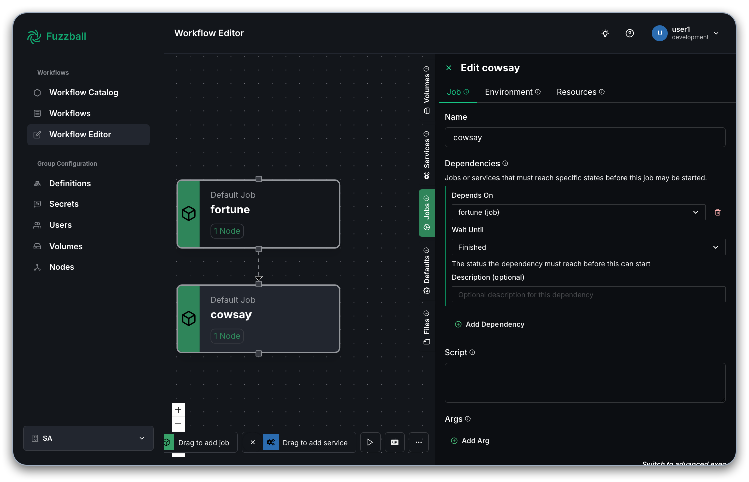 workflow grid now shows a second job dependent on the first