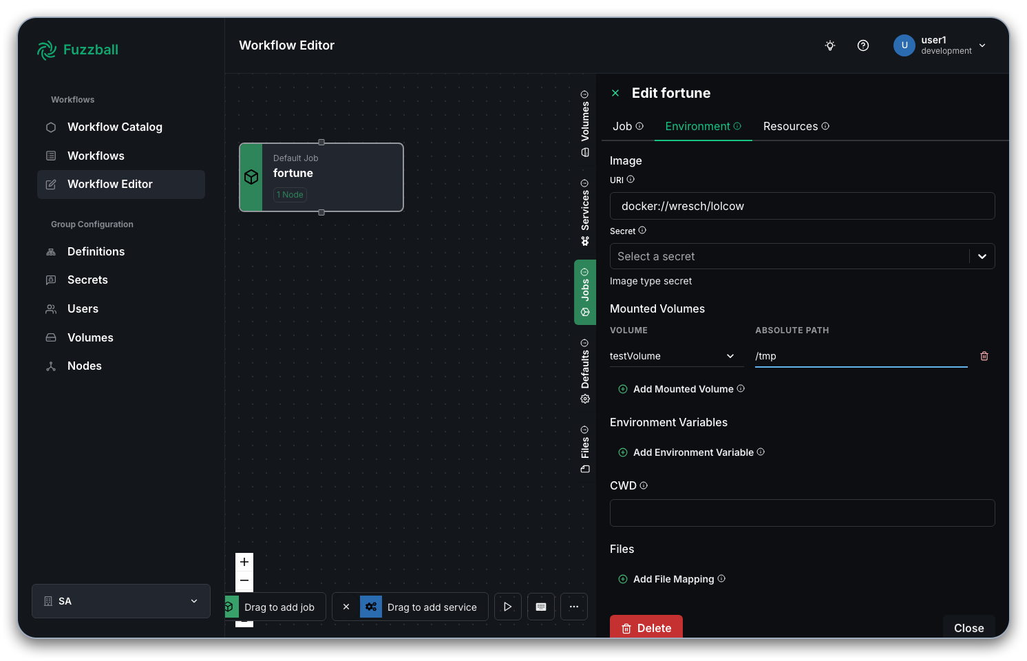 job configuration showing how to mount an ephemeral volume