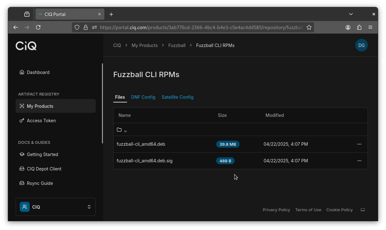 CIQ portal Fuzzball CLI deb listing