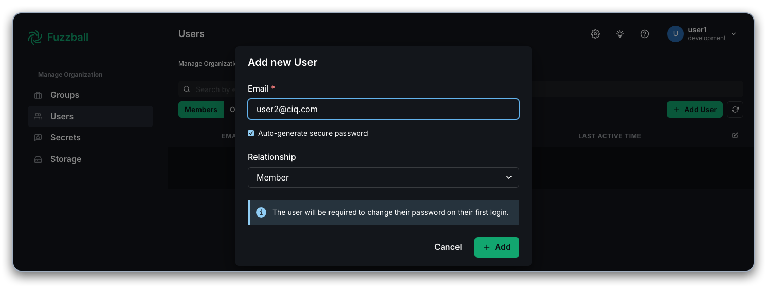 Add user dialog