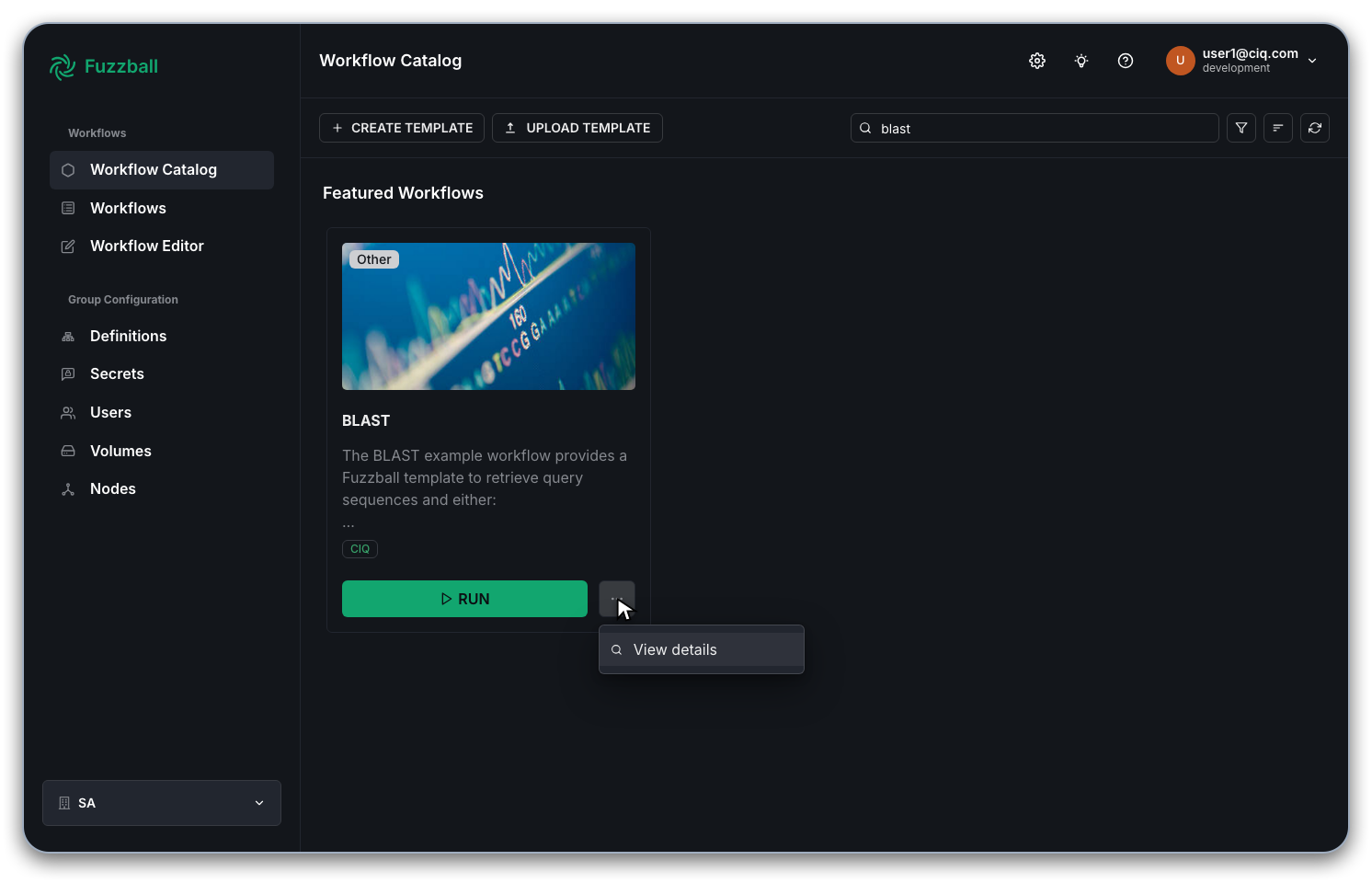 Fuzzball workflow catalog BLAST card