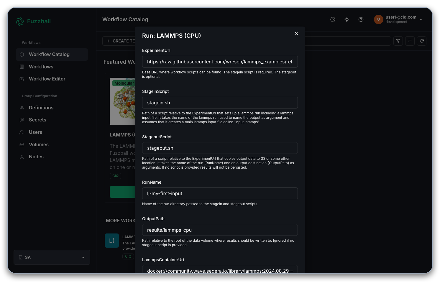 Fuzzball workflow catalog LAMMPS continue