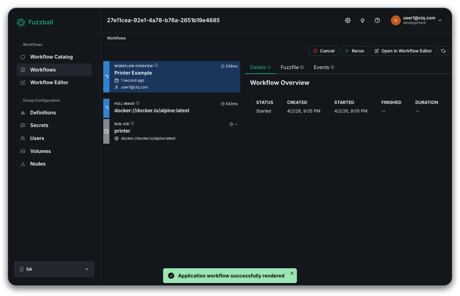 Fuzzball printer workflow status page