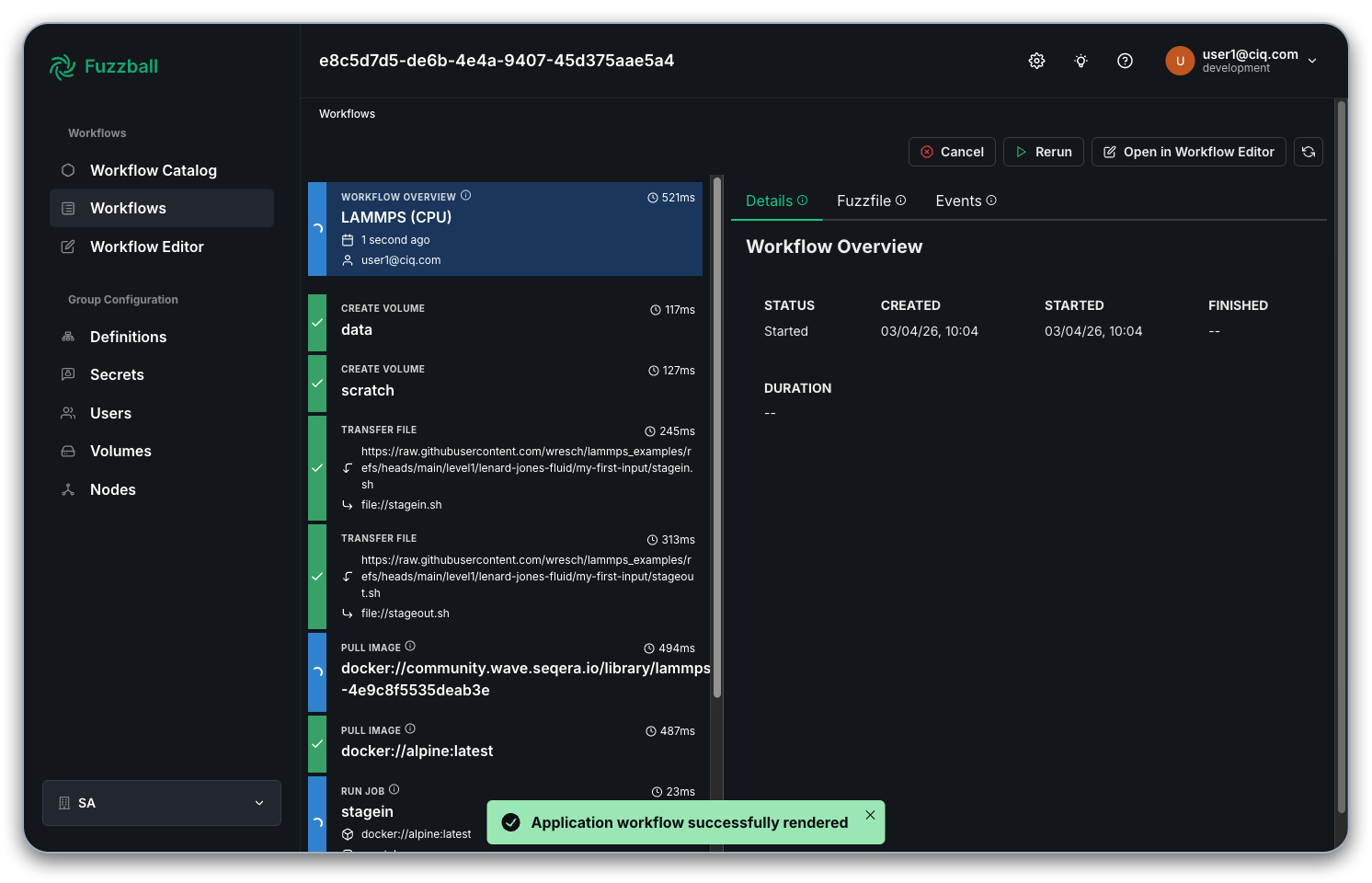 Fuzzball workflow catalog LAMMPS status