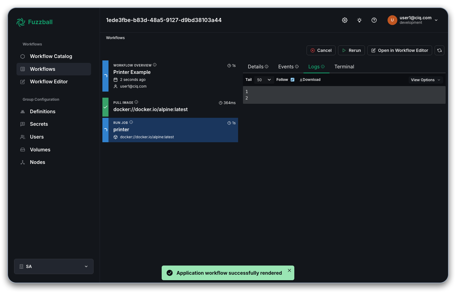 Fuzzball workflow dashboard showing logs from the printer example
