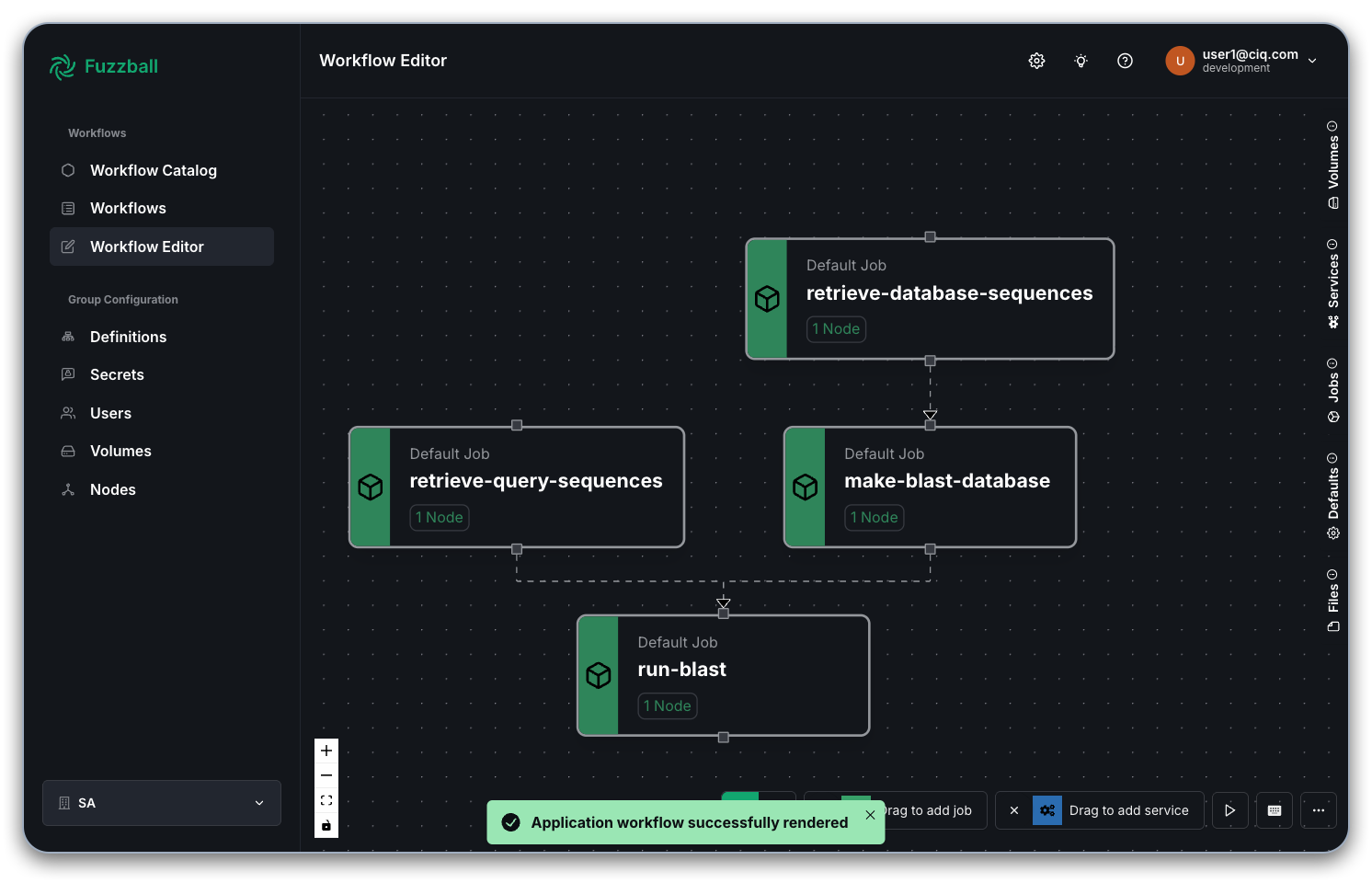Fuzzball workflow catalog BLAST editor with custom database