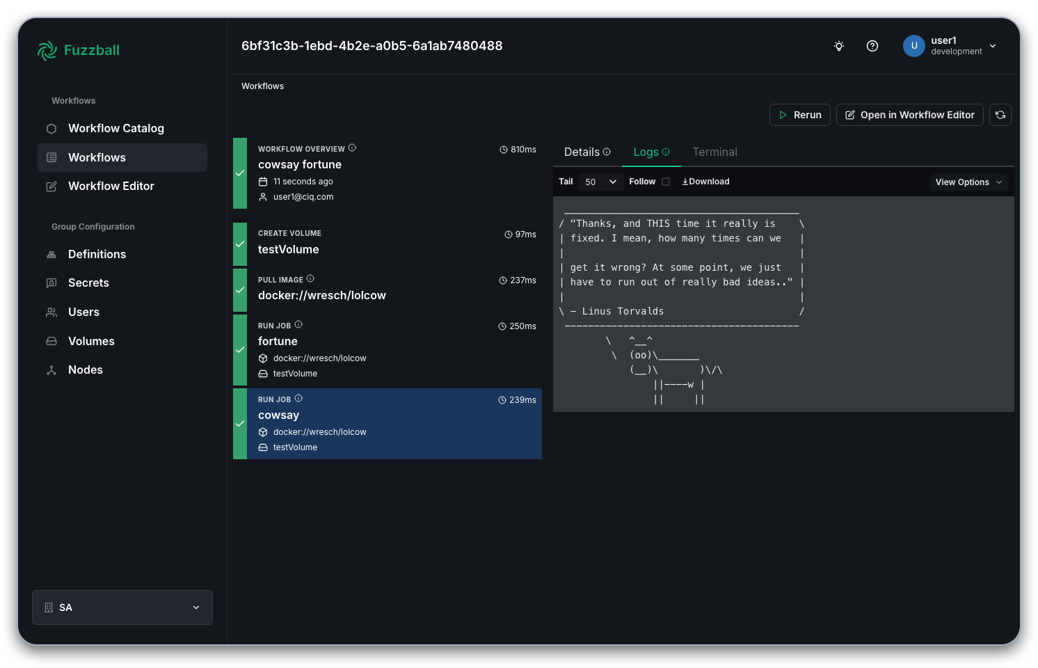 finished workflow showing logs from cowsay