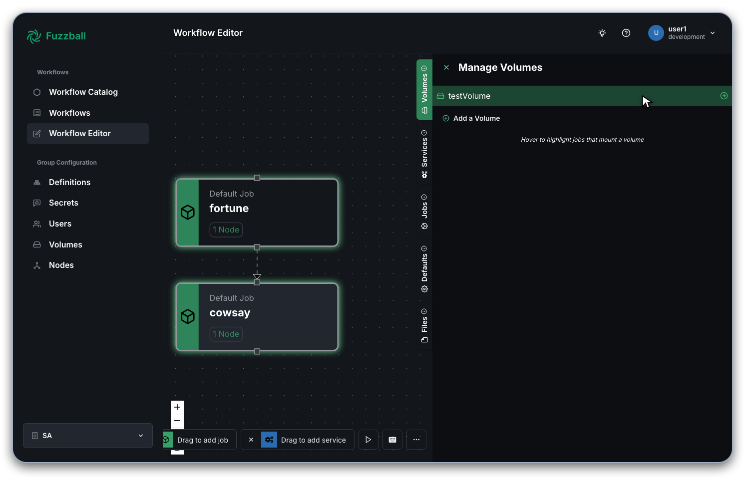 jobs using volume highlighted in the workflow grid