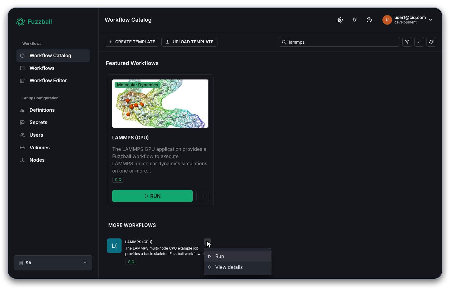 Fuzzball workflow catalog LAMMPS card