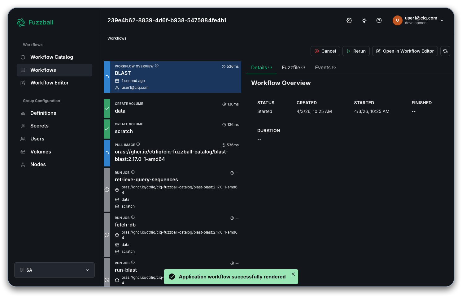 Fuzzball workflow catalog BLAST status