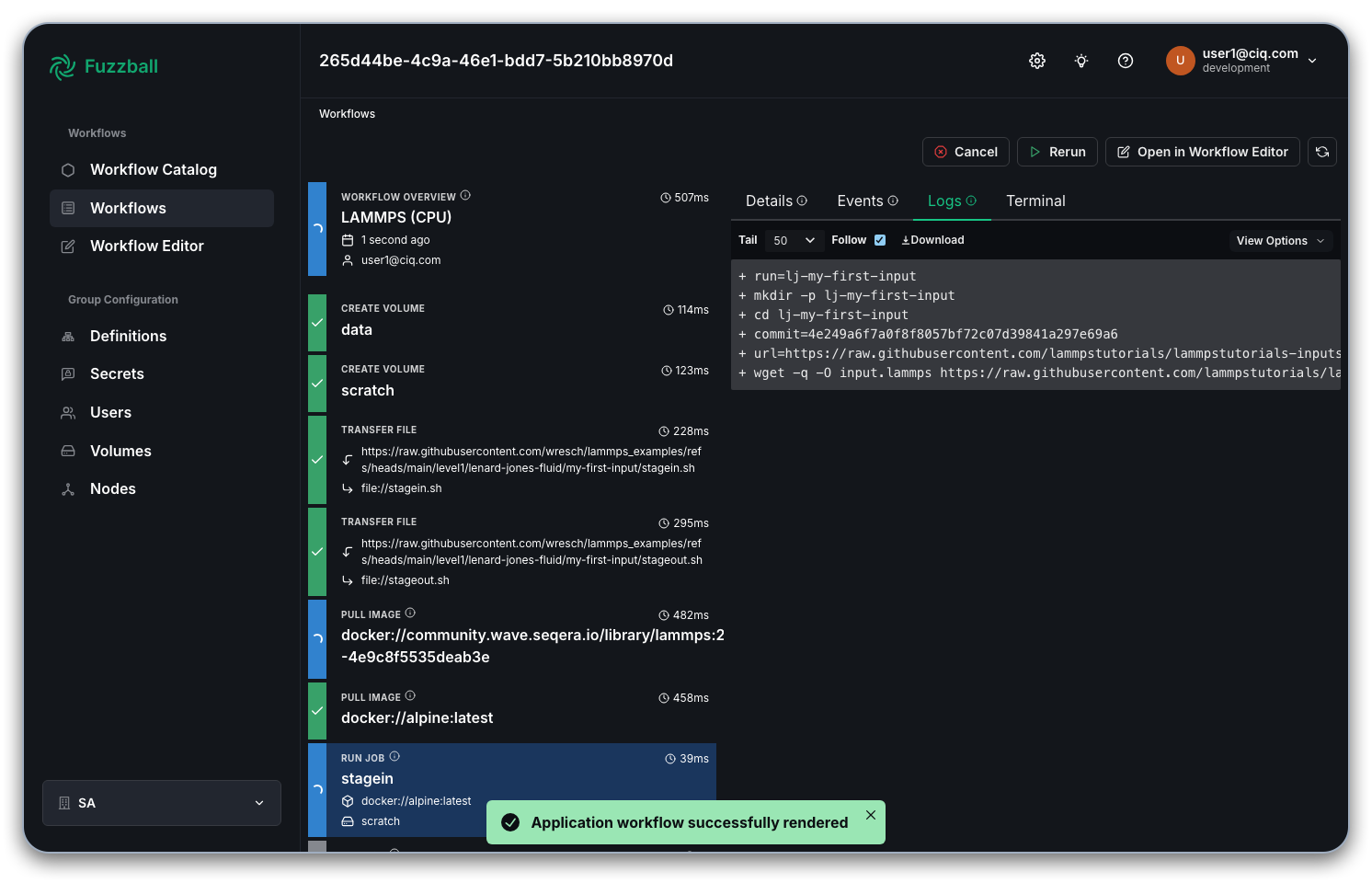 Fuzzball workflow catalog LAMMPS logs