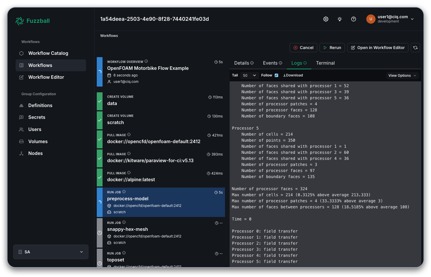 Fuzzball workflow catalog OpenFOAM logs