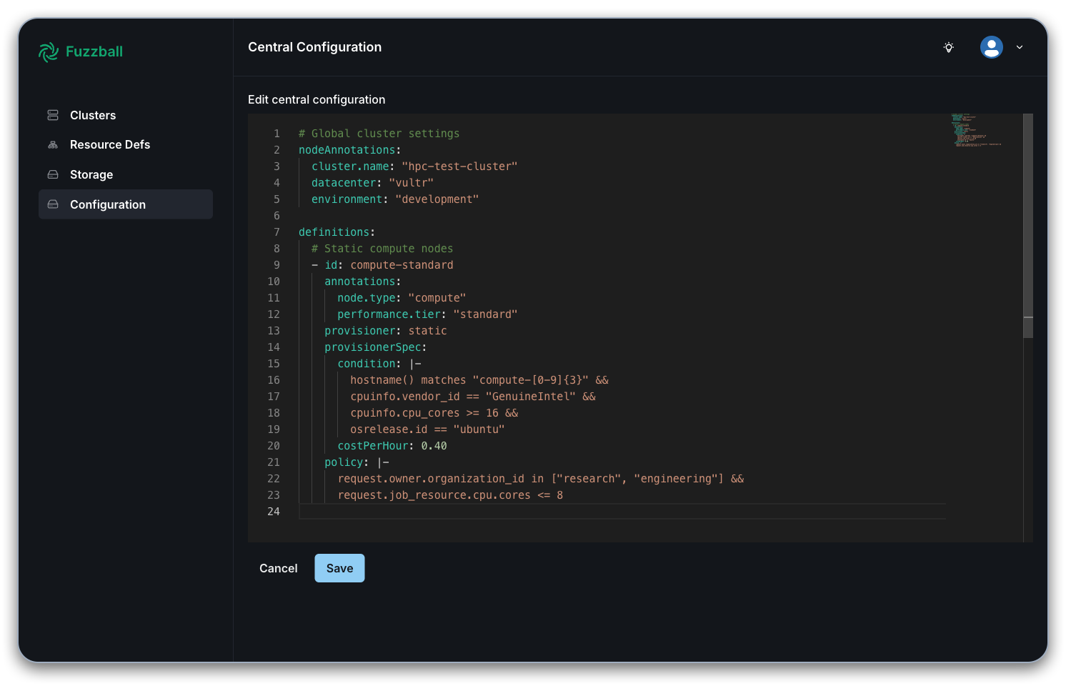 UI text editor for creating provisioner configuration