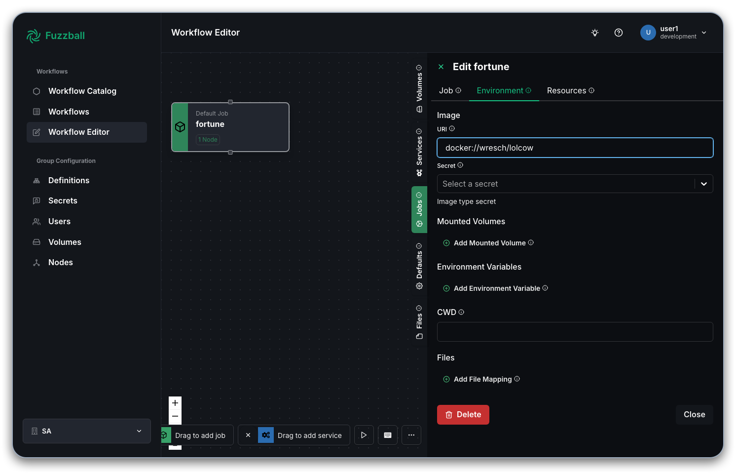 dialog box showing the path to the lolcow image on Docker Hub