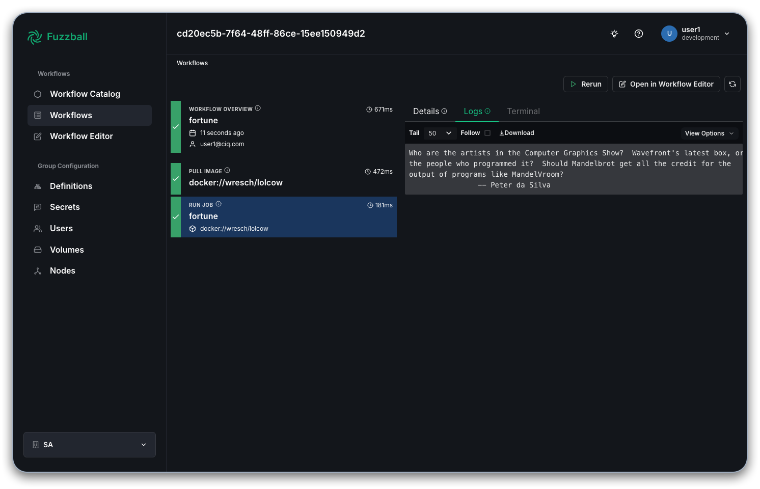 the completed fortune workflow with logs