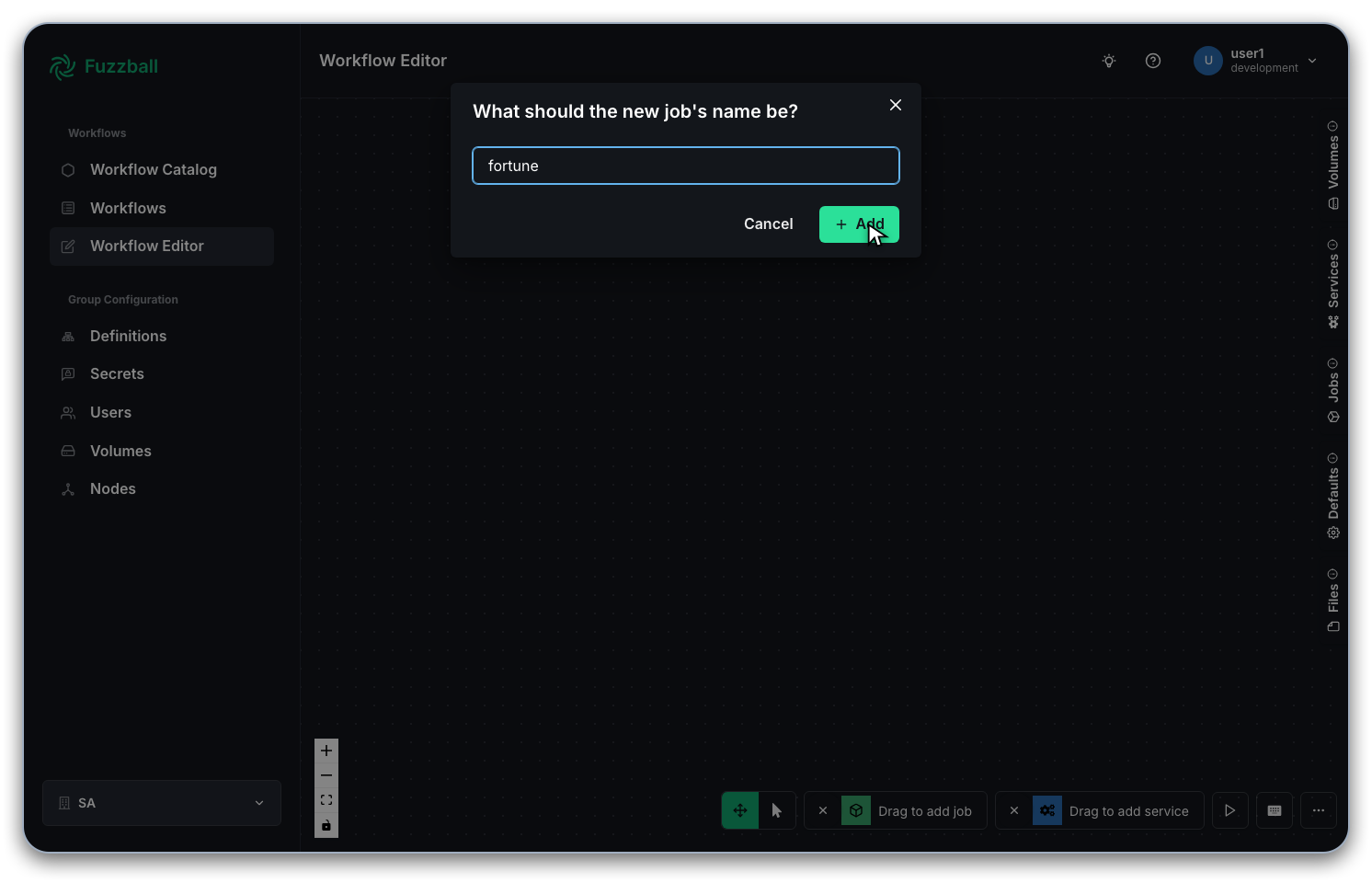 dialog box for naming the newly created job