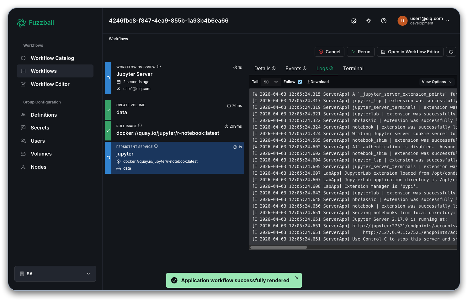 Fuzzball workflow dashboard showing logs from the jupyter job