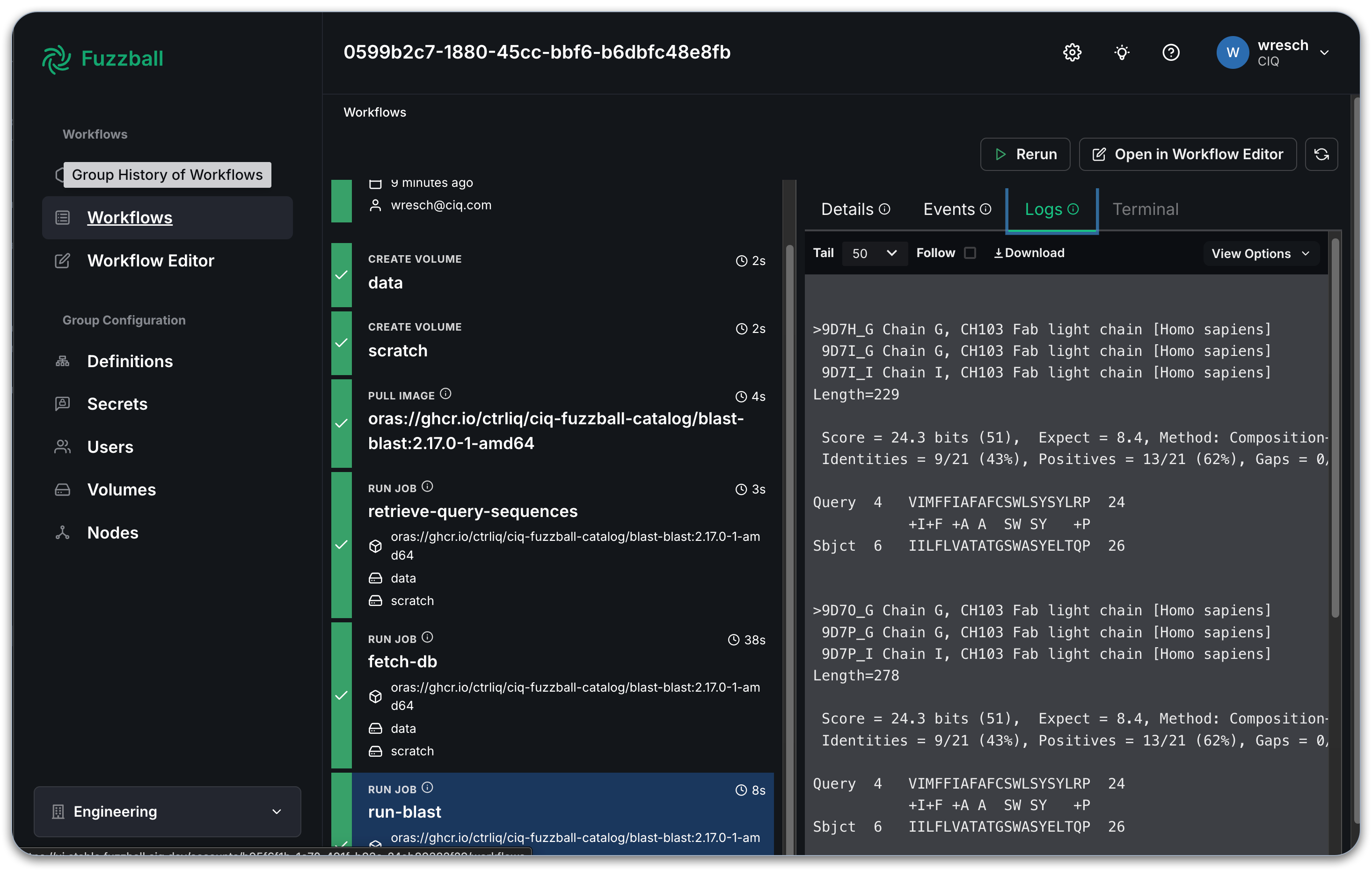Fuzzball workflow catalog BLAST logs