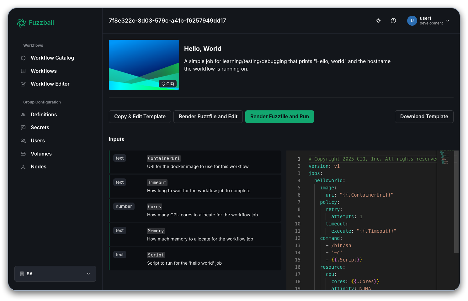 Hello World example in Workflow Catalog