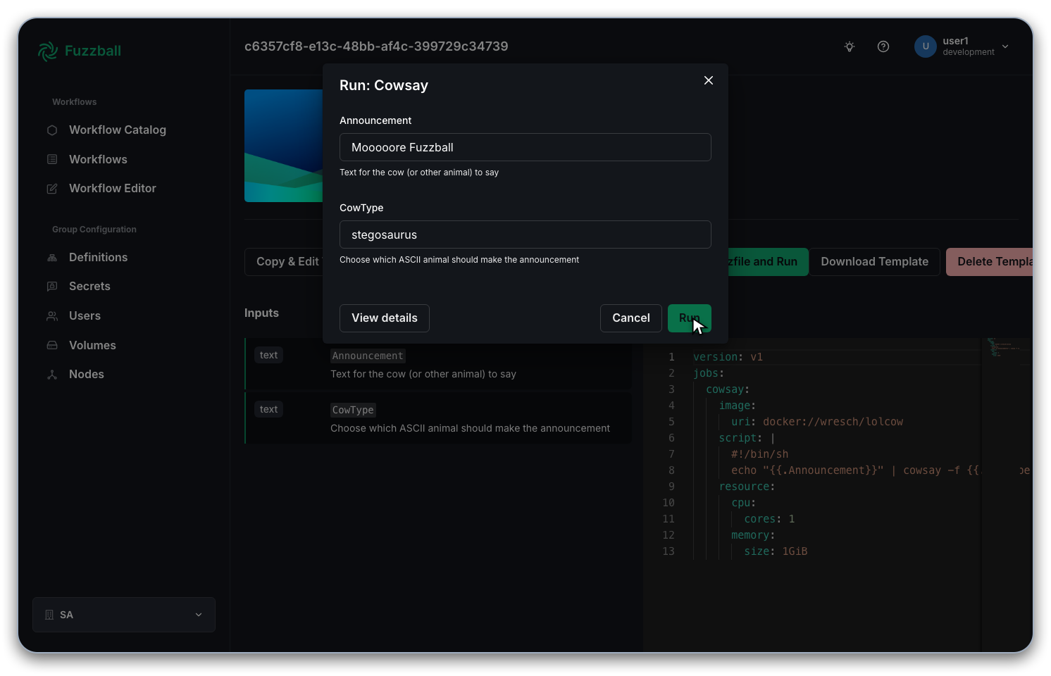 Run the cowsay workflow