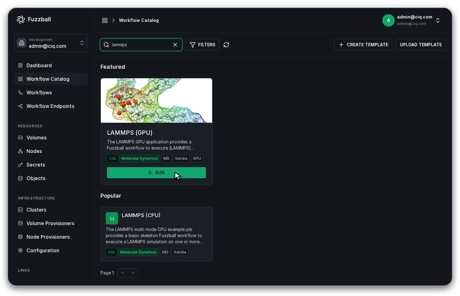Fuzzball workflow catalog LAMMPS card