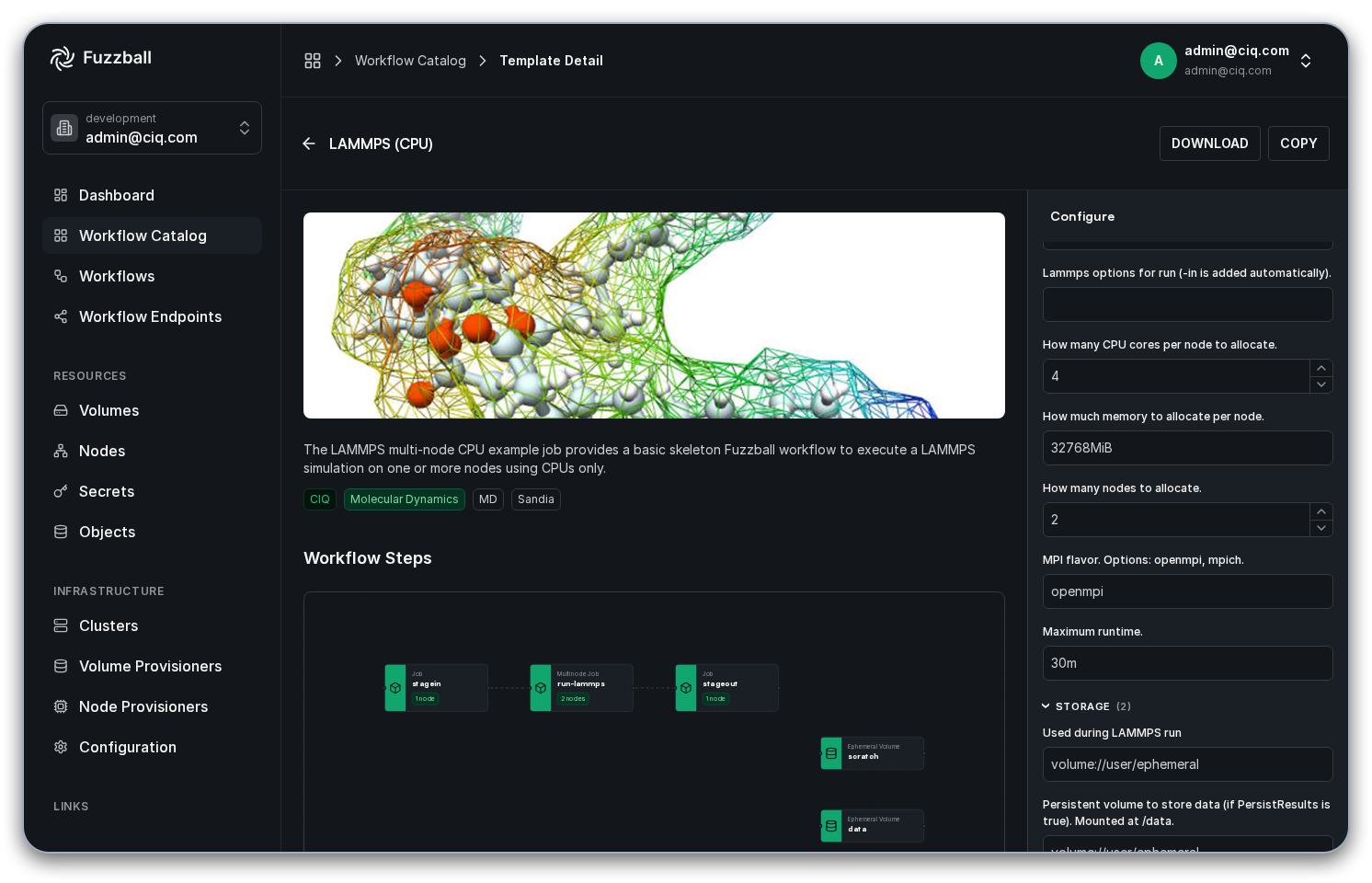 LAMMPS CPU template detail page with its Configure panel