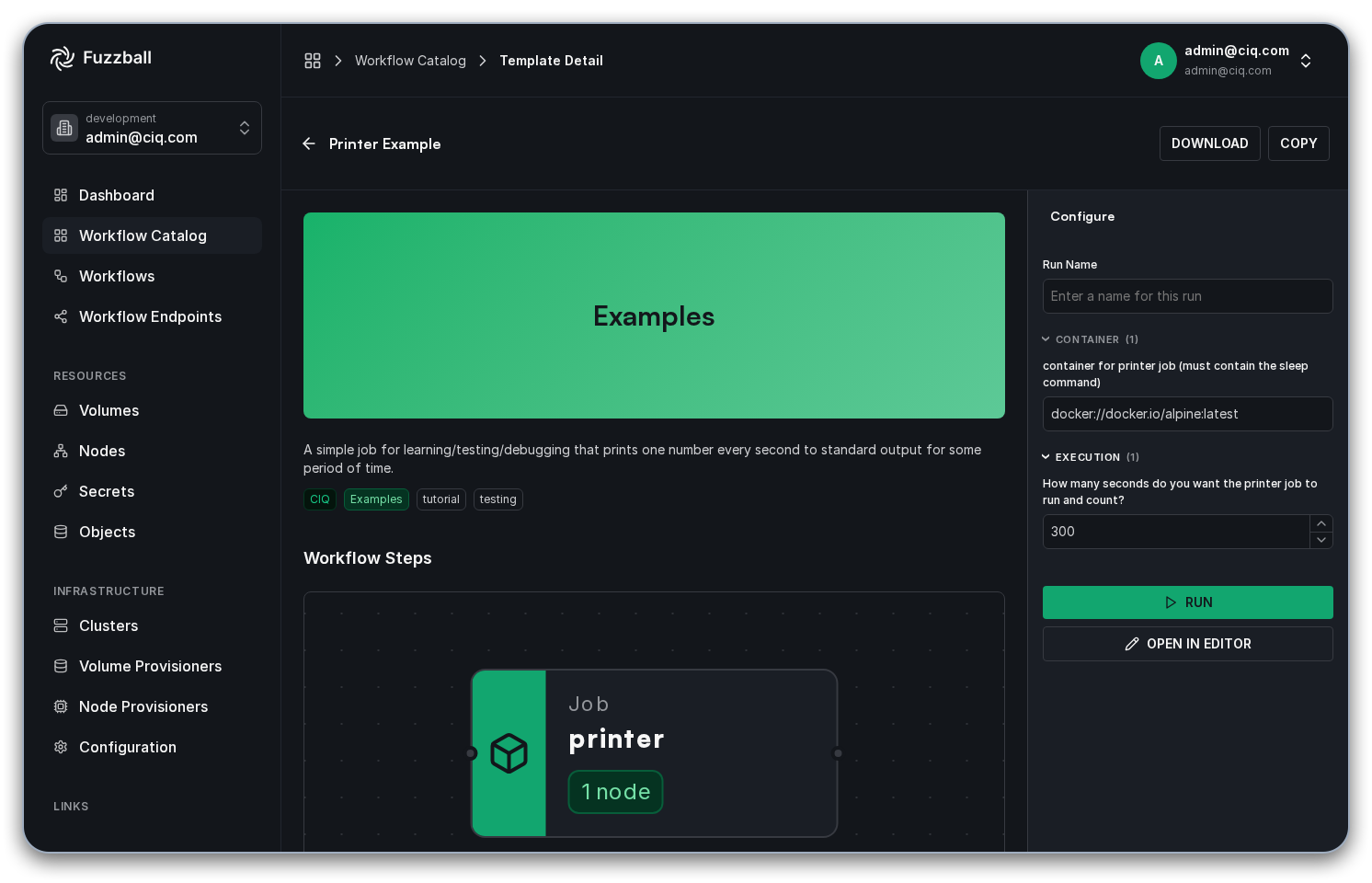 Printer Example template detail page with its Configure panel