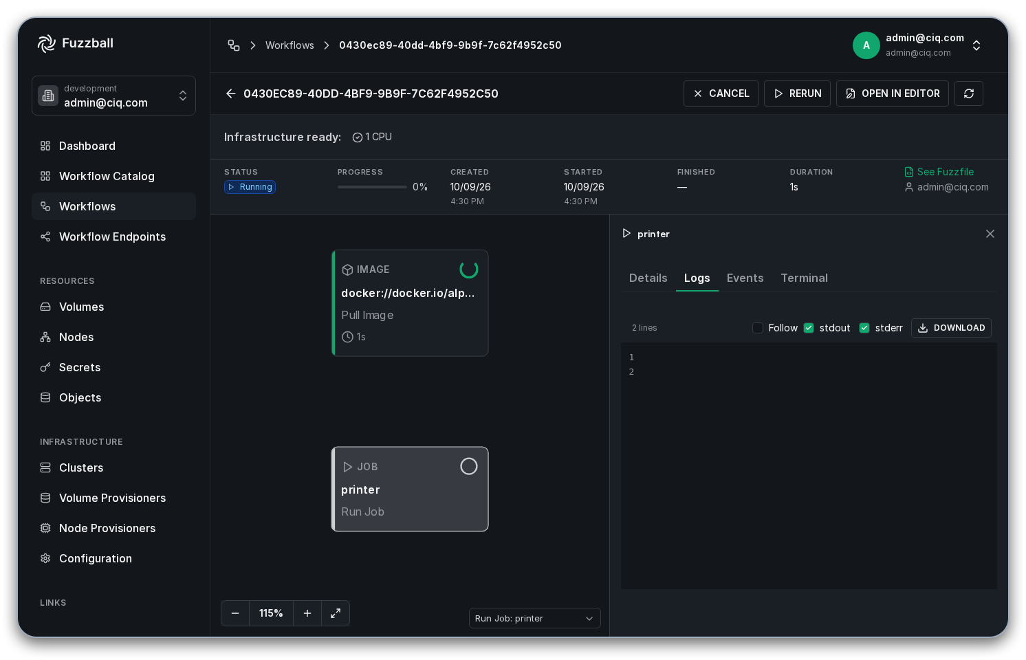 Workflow status page showing logs from the printer example