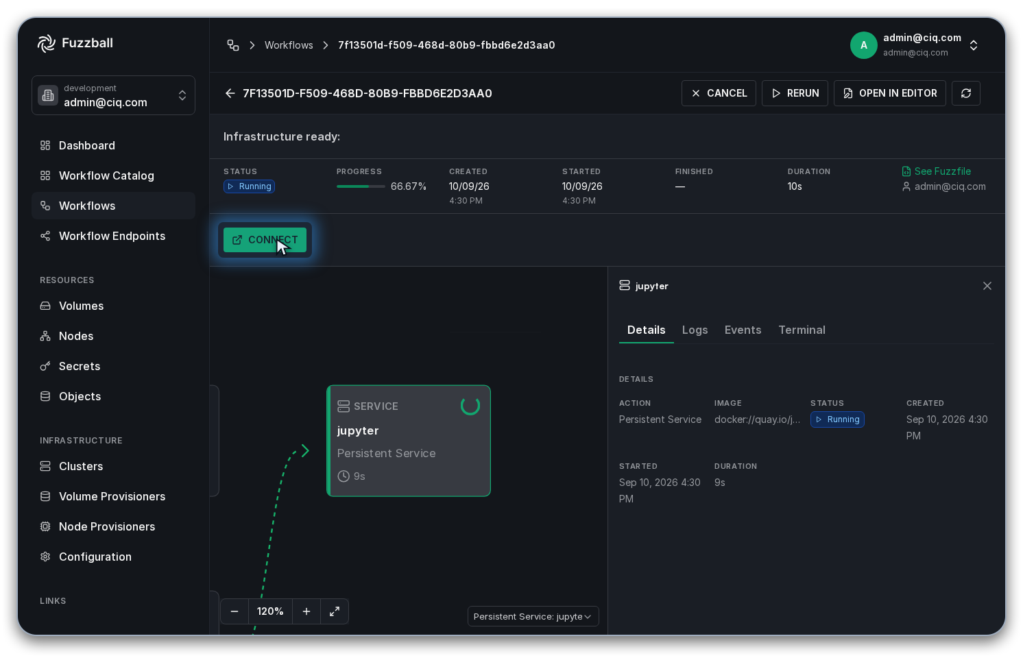 Workflow status page showing the CONNECT button for the Jupyter service