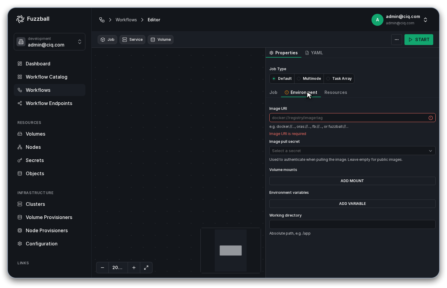 The Environment tab of the job's Properties panel