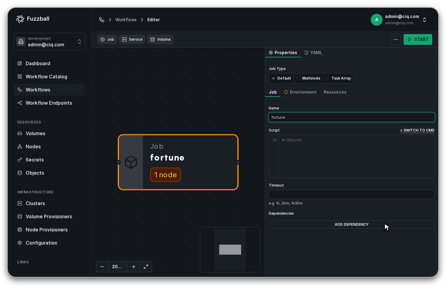 the new job card and its Name field in the properties panel