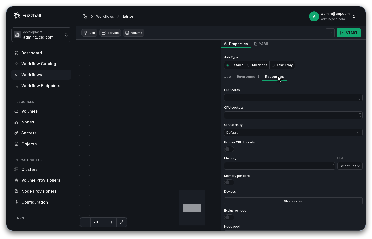 The Resources tab of the job's Properties panel