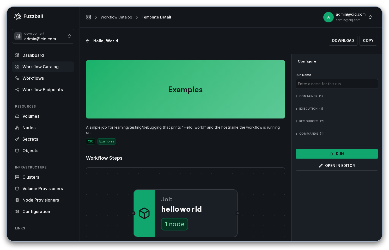 Hello World example in Workflow Catalog