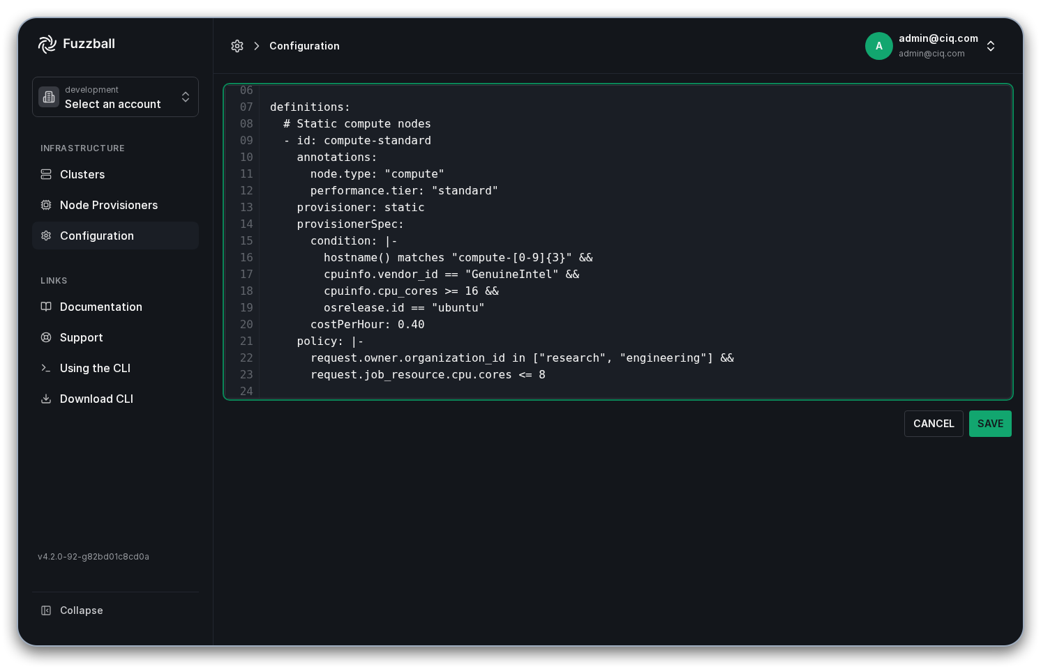 UI text editor for creating provisioner configuration