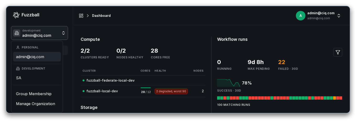 Account switcher showing the Manage Organization option
